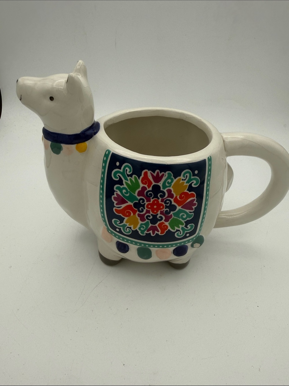 Boston Warehouse White Ceramic Llama coffee mug with Multicolor Folk Accent